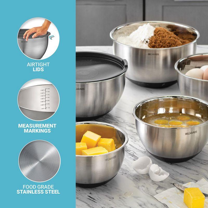 Mixing Bowls with Lids Set - Nesting Bowls with Airtight Lids + Graters - Stainless Steel Non-Slip Mixing Bowl for Baking, (Black, 5-Piece Set)
