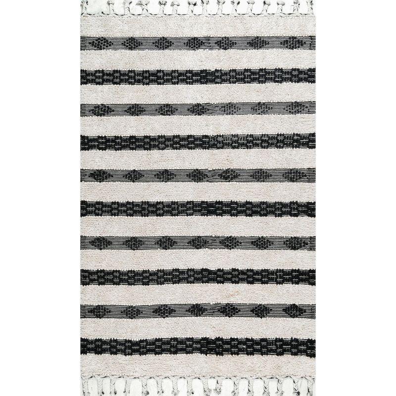 Ivory Striped Tufted Wool Shag Area Rug 5' x 8'