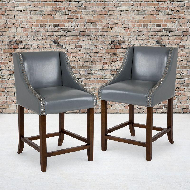 Flash Furniture Carmel Series 24" High Transitional Walnut Counter Height Stool with Nail Trim in Light Gray LeatherSoft, Set of 2