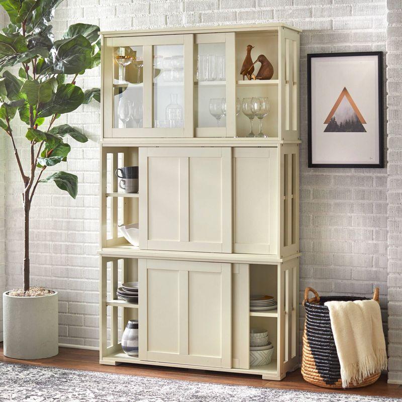 White Stackable Cabinet with Adjustable Shelving and Sliding Doors