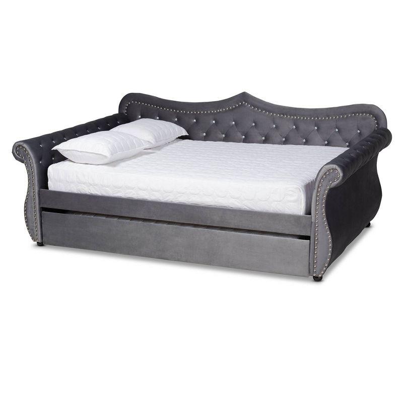 Gray Velvet Upholstered Full Daybed with Tufted Trundle