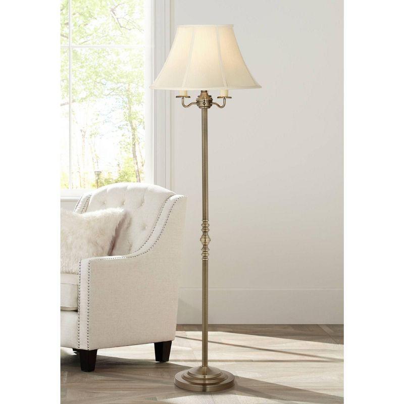 Regency Hill Montebello Vintage Retro Floor Lamp Standing 59" Tall Antique Brass Metal Soft Tan Bell Shade for Living Room Bedroom Office House Home