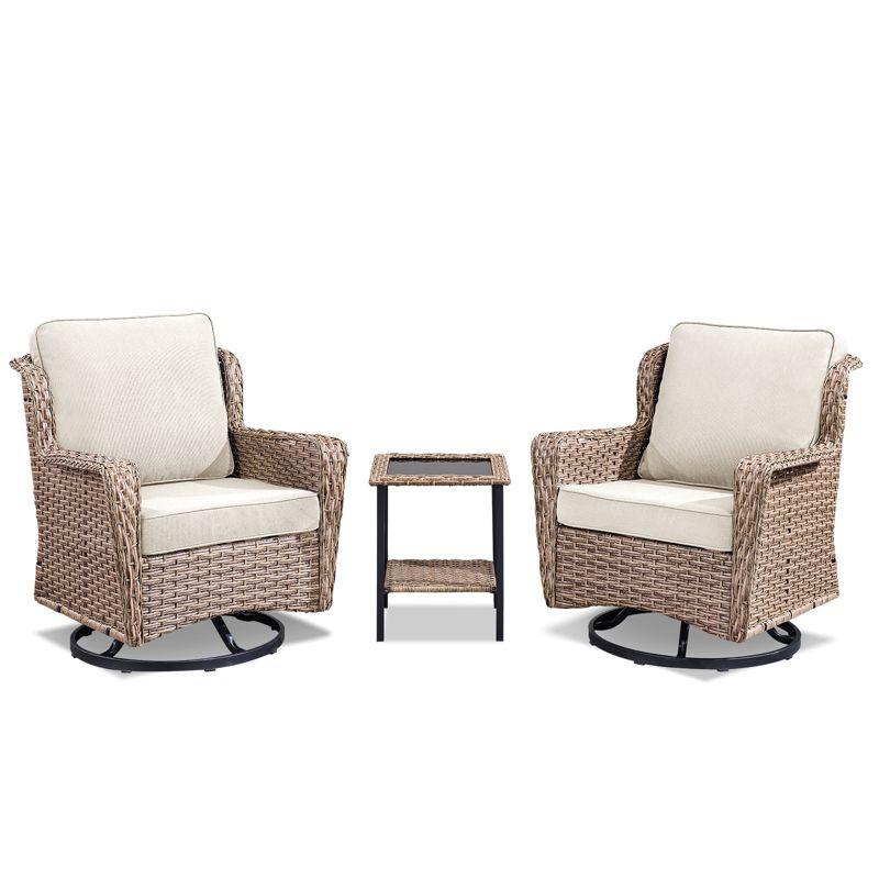 Buenhomino 3-Piece Wicker Outdoor Bistro Set with Swivel Glider Chairs, 2-Person Patio Furniture Set with Beige Cushions