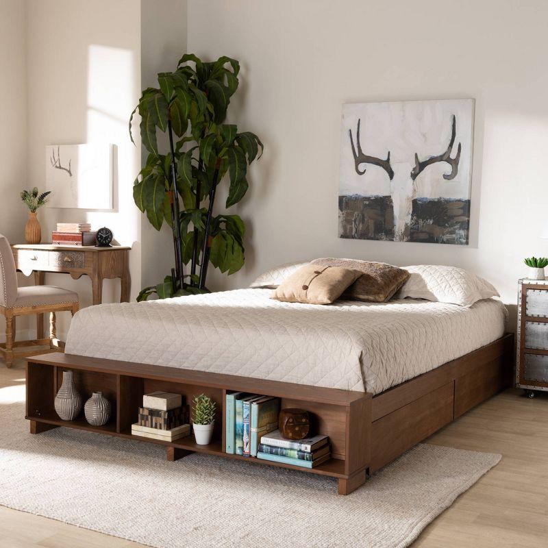 Arthur Wood Platform Bed with Built-In Shelves Ash Walnut - Baxton Studio