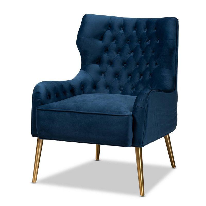 Curvaceous Navy Blue Velvet Armchair with Geometric Stitching and Gold Metal Legs