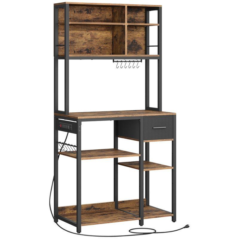 VASAGLE Bakers Rack with Charging Station, Coffee Bar with Adjustable Storage Shelves, Kitchen Microwave Stand, Rustic Brown and Ink Black