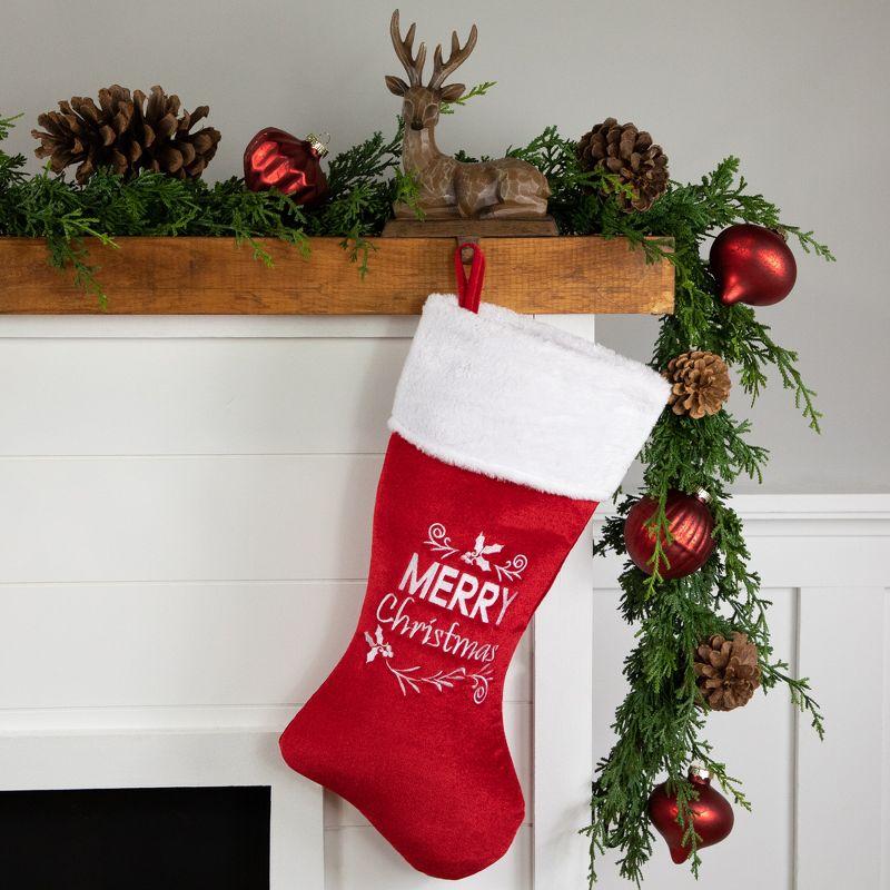 20" Red and White Embroidered Velour Christmas Stocking