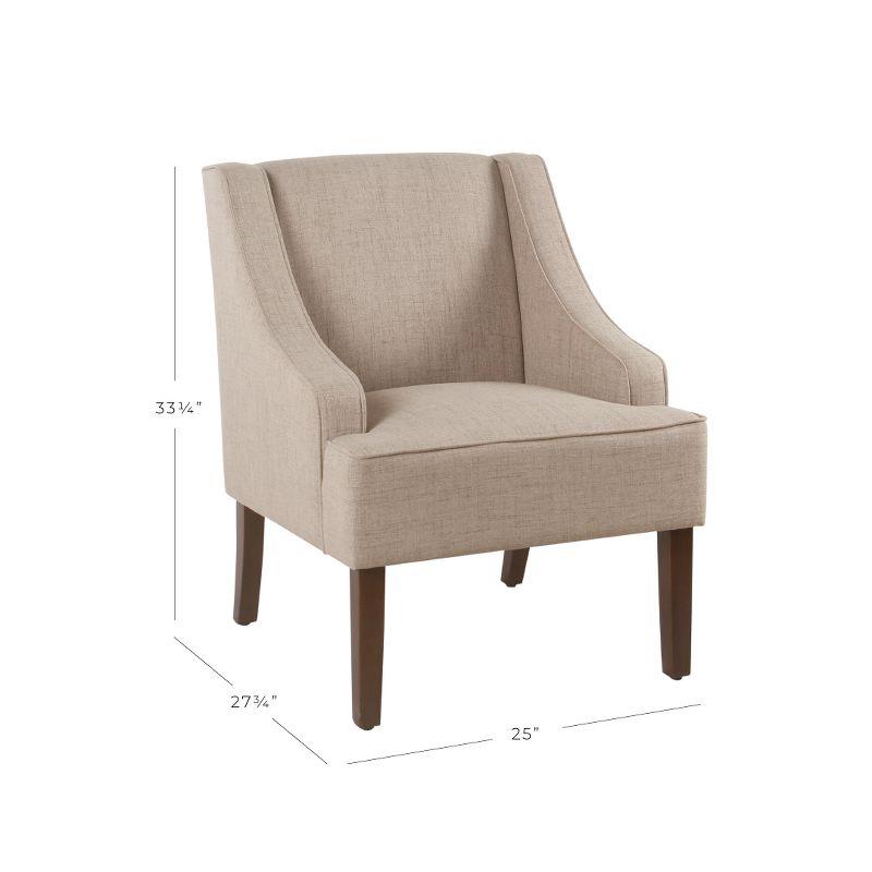 Tan Upholstered Wood Swoop Arm Accent Chair