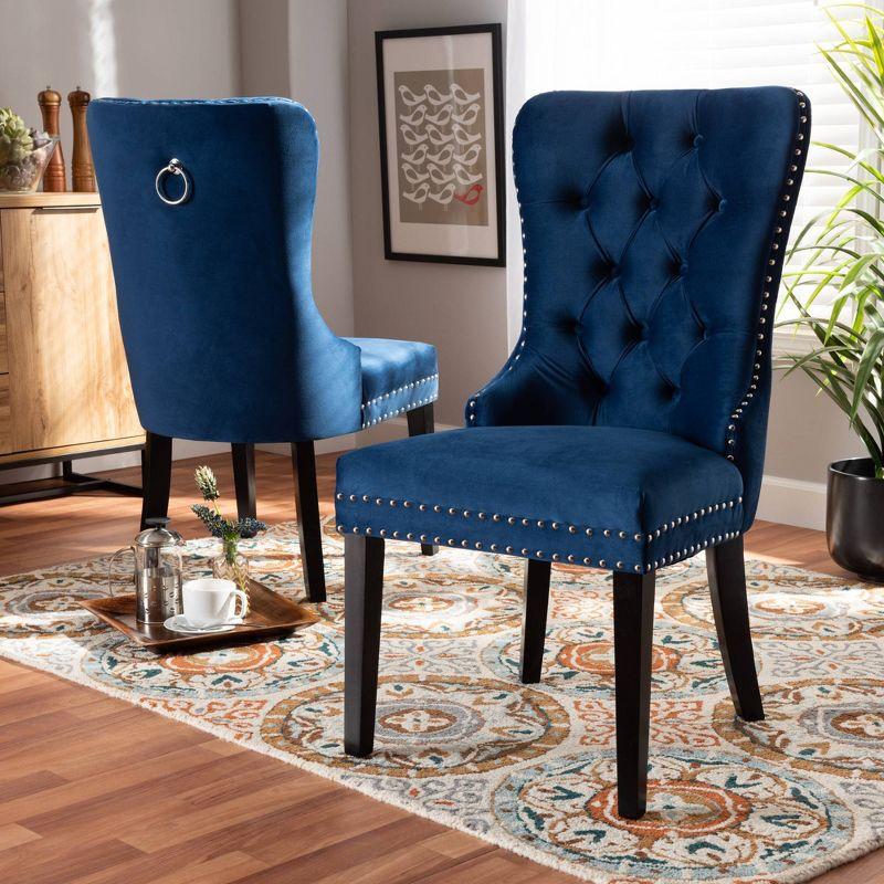 2pc Remy Velvet Upholstered Wood Dining Chair Set Blue/Espresso - Baxton Studio: Oak Frame, Soft Touch