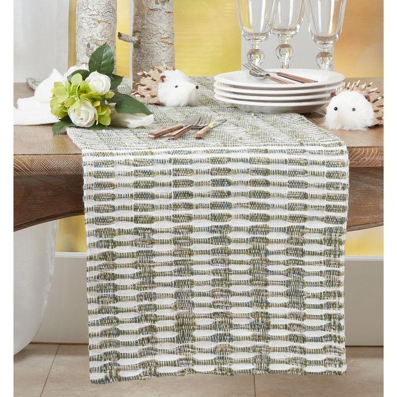 Green and White Woven Cotton Table Runner, 16" x 72"