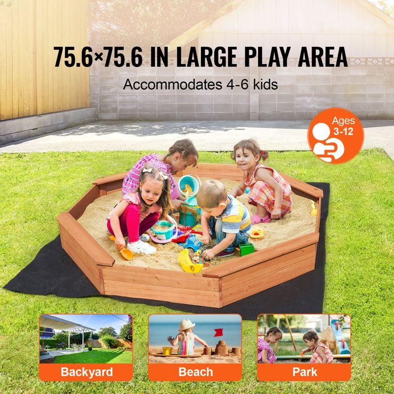 VEVOR Wooden Sandbox with Cover, 75.6 x 75.6 x 9.1 in Octagonal Sand Box, Sand Pit with 4 Seating and Bottom Liner