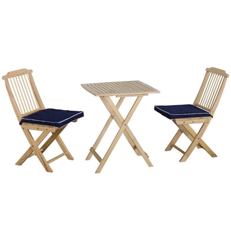 Outsunny 3 Pieces Patio Folding Bistro Set, Outdoor Pine Wood Table and Chairs Set with Tie-on Cushion & Square Coffee Table, Dark Blue