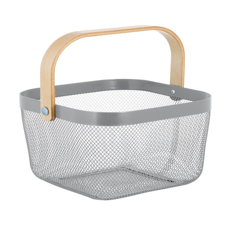 Gray Mesh Rectangular Storage Box with Bamboo Handle