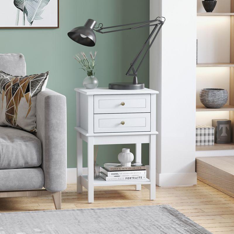 Modern White Wood Side Table with Storage Drawers and Shelf