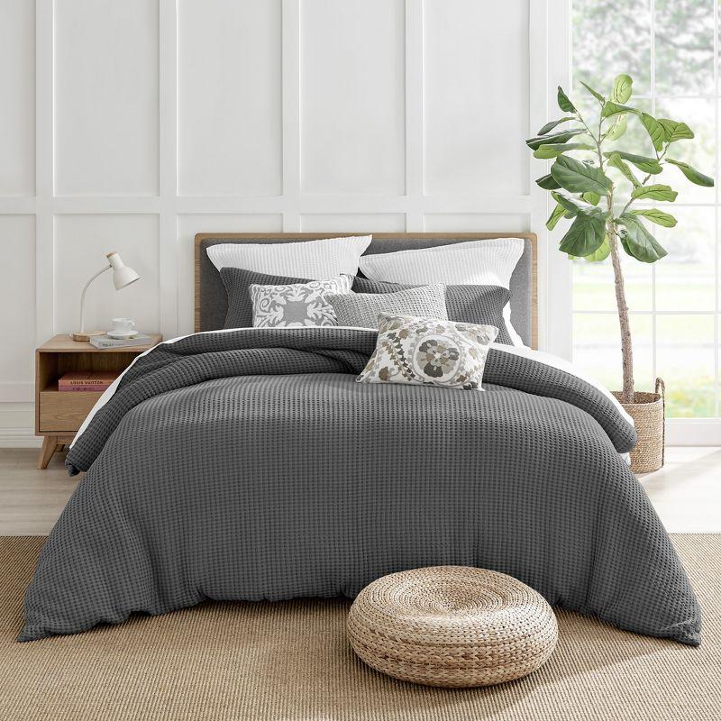 Gray Cotton Waffle Queen Duvet Cover Set