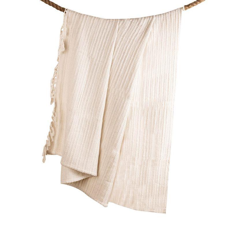 Ivory Handwoven Cotton Blend Throw Blanket with Fringe, 50x60