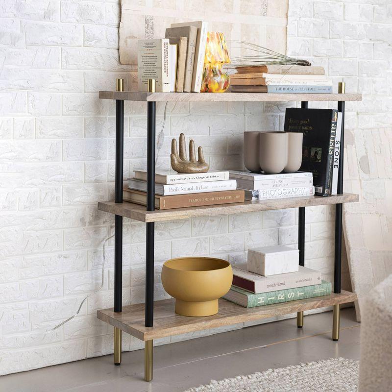 Black Mango Wood and Metal 3-Tier Shelf with Brass Finish Legs