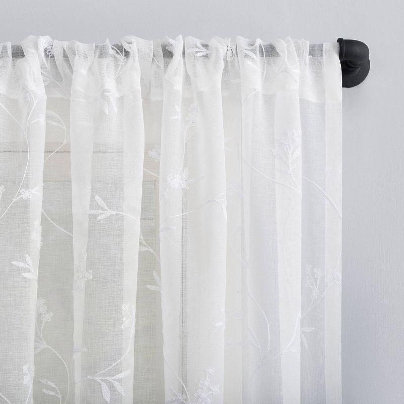 84"x50" Delia Embroidered Floral Sheer Rod Pocket Curtain Panel Ivory - No. 918: Modern Botanical Plain Weave