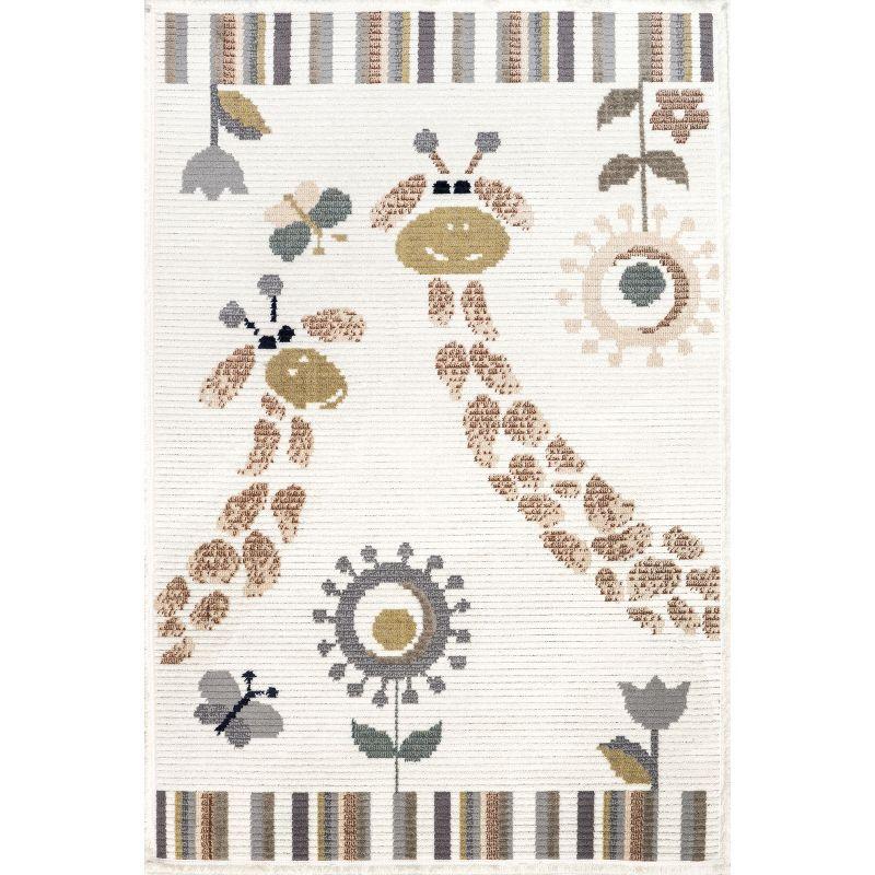 Beige 8' x 10' Stain-Resistant Kids Area Rug with Giraffe Print