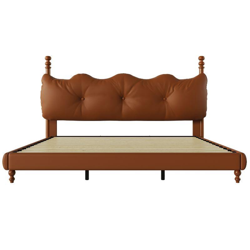 California King Coffee Faux Leather Upholstered Bed with Tufted Headboard