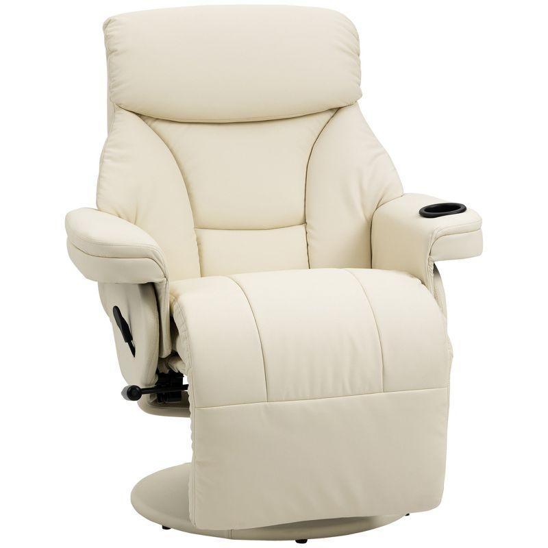 Cream White Faux Leather Swivel Recliner with Cup Holder