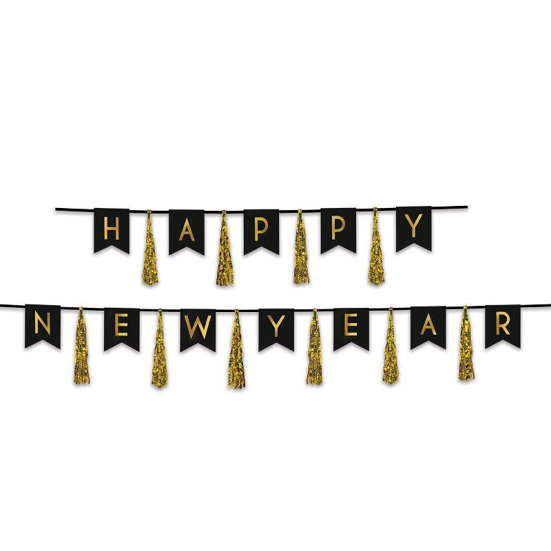 Beistle Happy New Year Tassel Streamer, 13" x 6' & 13" x 9', Black & Gold (1/Pkg) Black/Gold