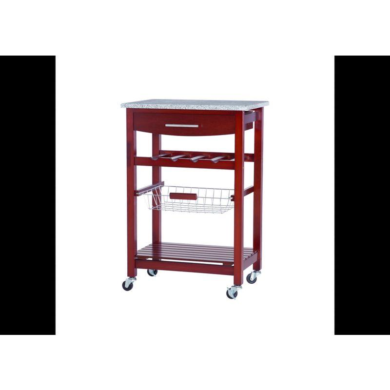 Small Red Pine Kitchen Cart with Granite Top and Wine Rack