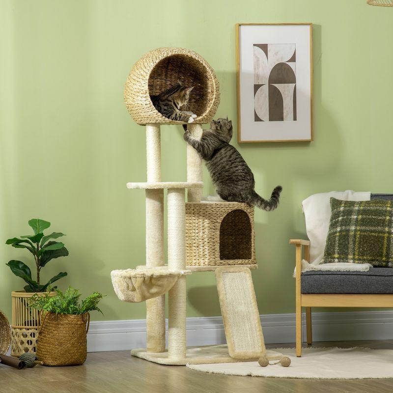 PawHut 59 Inch Cat Tree for Indoor Cats, Cat Tower with Cat Condo, Hammock, Perches, Scratching Posts, Ramp for Large Cats, Beige