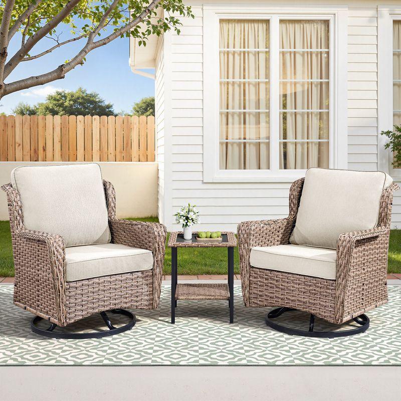 Buenhomino 3-Piece Wicker Outdoor Bistro Set with Swivel Glider Chairs, 2-Person Patio Furniture Set with Beige Cushions