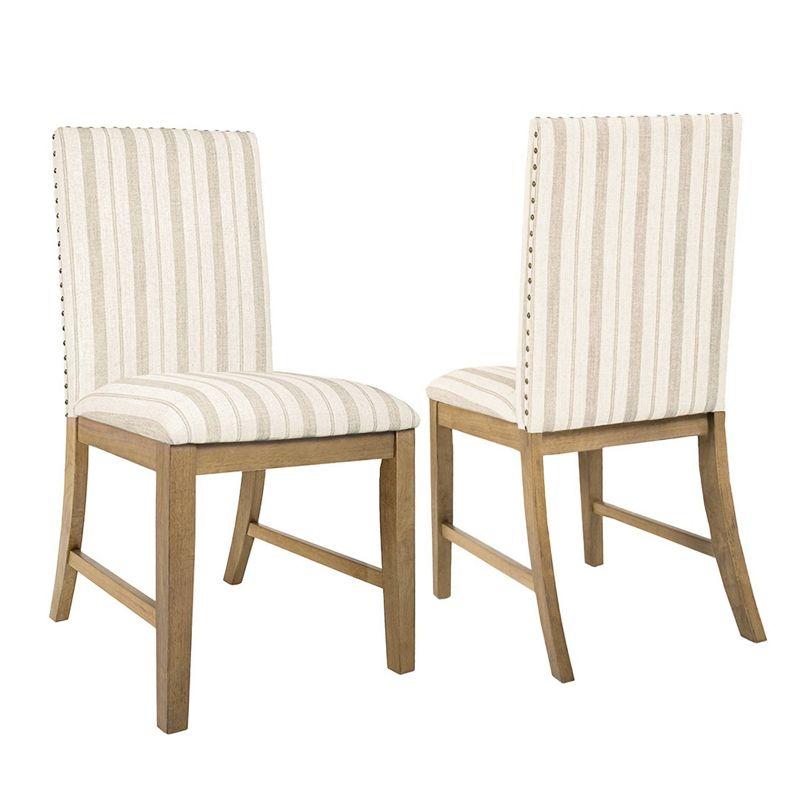 Taupe Stripe Upholstered Linen Wood Dining Chairs, Set of 2