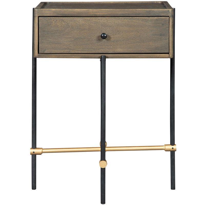 Brown Acacia and Iron Rectangular Side Table with Drawer