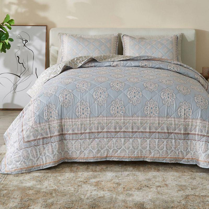 2pc Twin Printed Vintage Quilt Bedding Set Beige/Blue - Patina Vie: Reversible Damask Pattern, OEKO-TEX Certified