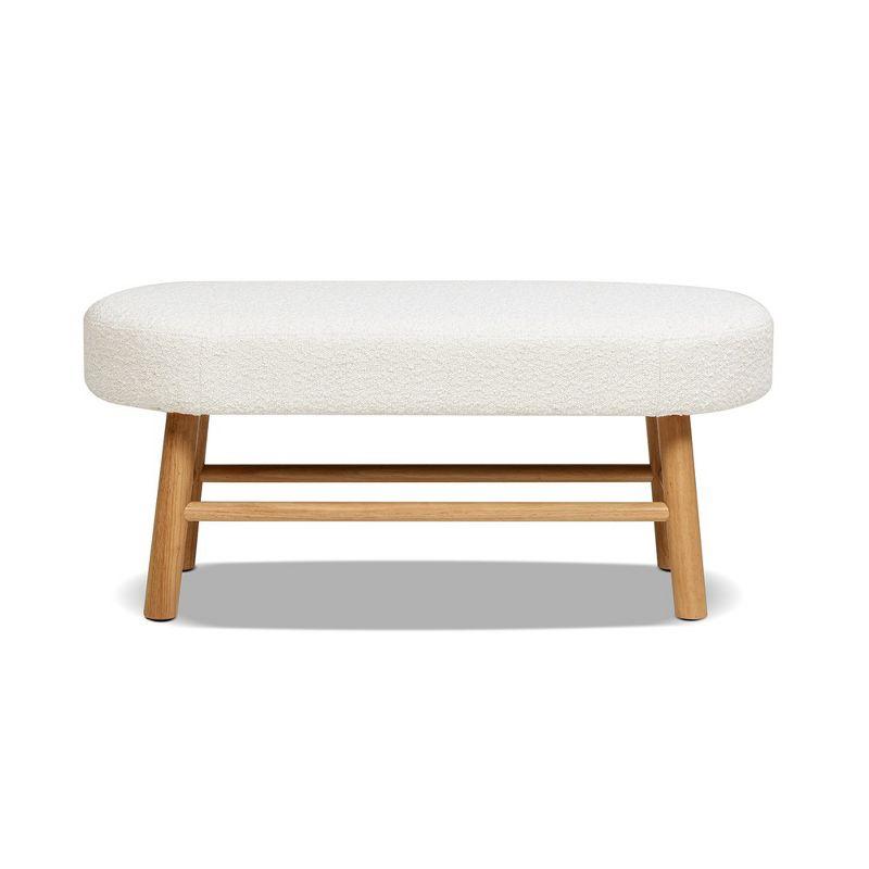 Ivory White Boucle Upholstered Bedroom Bench with Natural Wood Legs