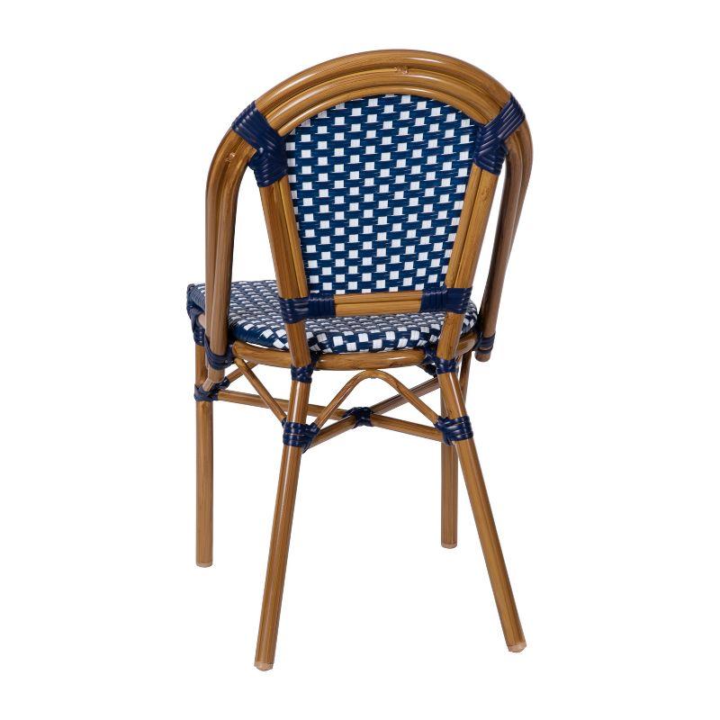 Emma & Oliver Soie Set of Two Stacking Bistro Chairs with Navy and White PE Seat and Back and Bamboo Finished Aluminum Frame for Indoor/Outdoor Use