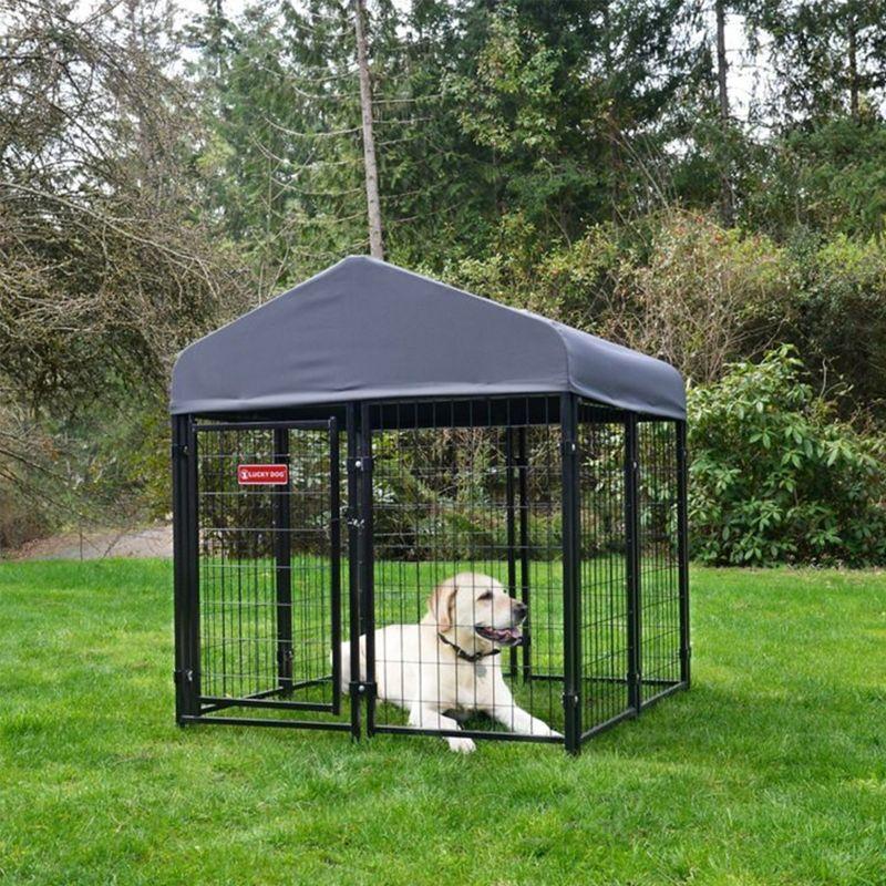 Lucky Dog STAY Series Black Powder Coat Steel Frame Villa Dog Kennel with Waterproof Canopy Roof and Single Gate Door