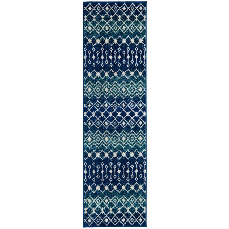 Navy and Teal Geometric Trellis Synthetic Runner Rug