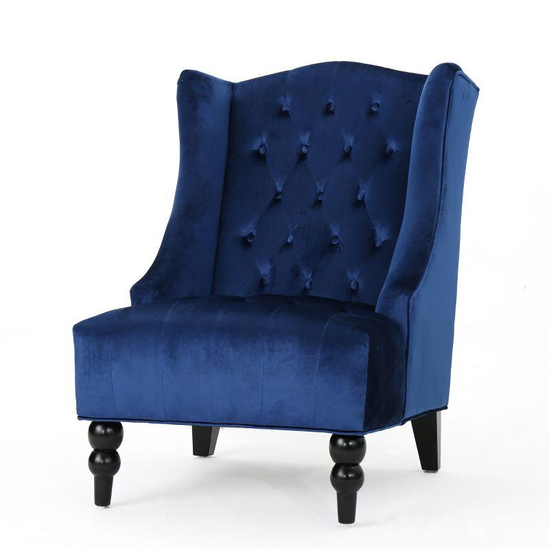 Navy Blue Velvet Wingback Accent Chair with Wood Legs