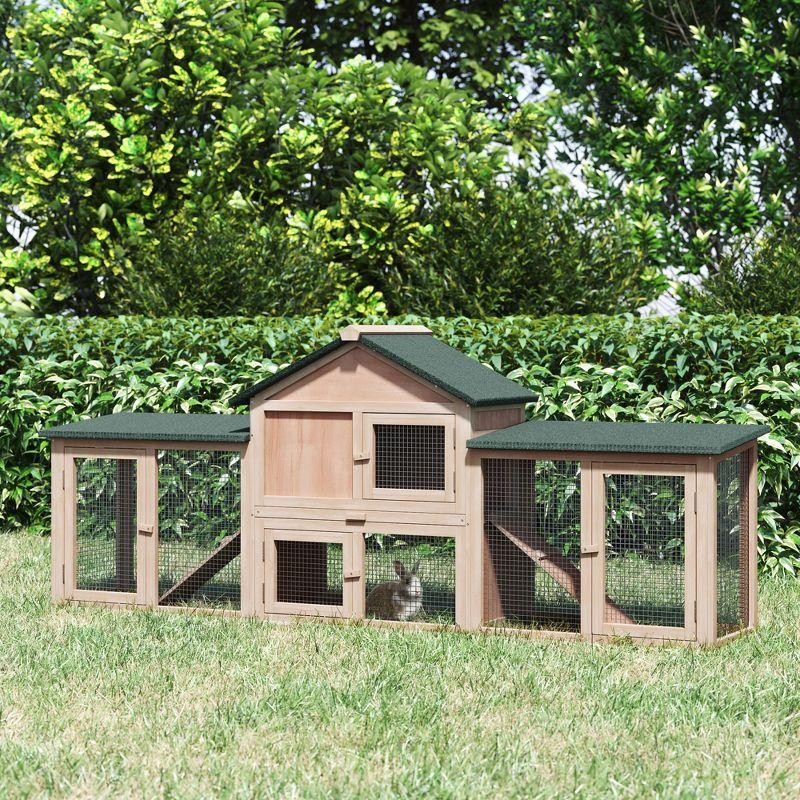 PawHut 83" Wooden Rabbit Hutch Large Bunny Hutch House with Double Run, Removable Tray and Waterproof Roof for Outdoor