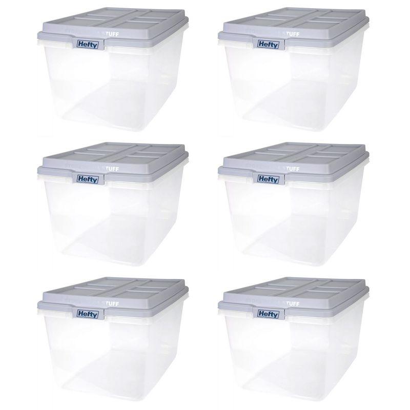 Hefty 72 Quart Hi-Rise Storage Bin with Lid, Stackable Plastic Container Tote for Home, Office, and Classroom Organization, 6 Pack, Quarry Gray