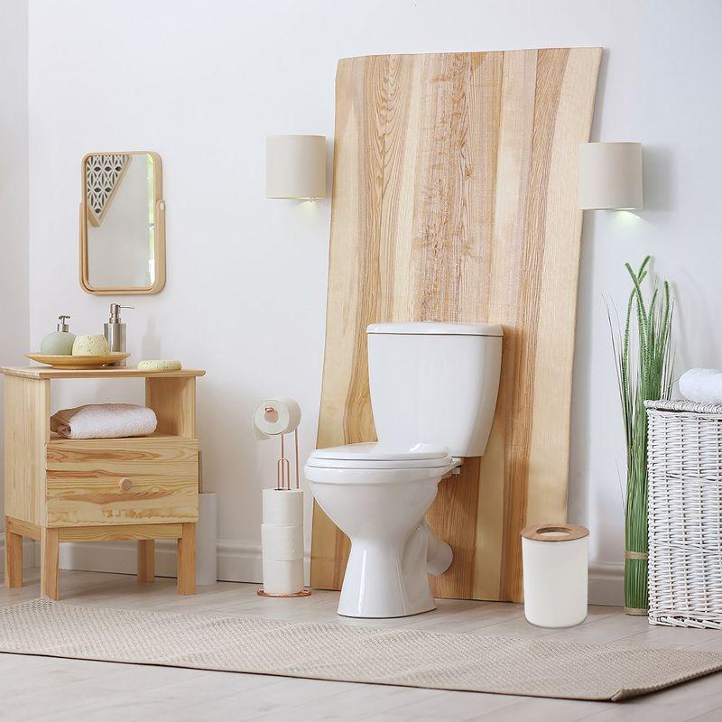 Evideco French Home Goods White Bathroom Trash Can Padang Bamboo Top 1.3 Gal - Stylish and Sustainable 5L Waste Solution