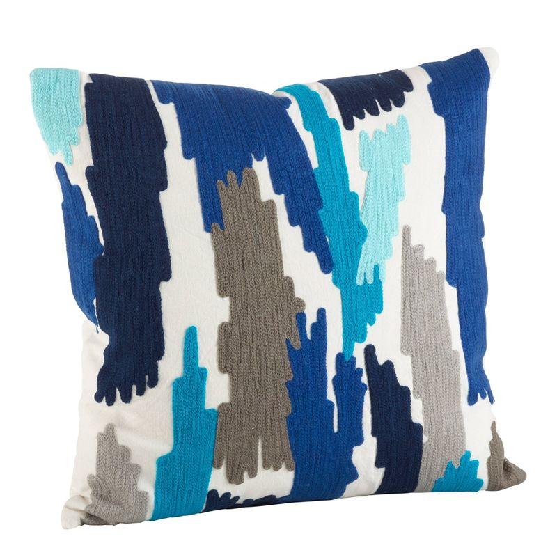 Ocean Blue Embroidered Brushstroke Cotton Throw Pillow