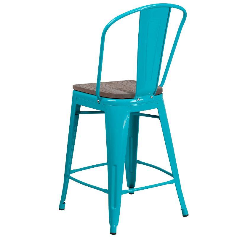 Crystal Teal-Blue Metal Counter Stool with Wood Seat