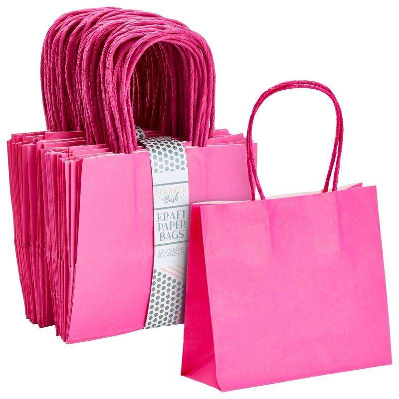 Mini Hot Pink Kraft Paper Gift Bags with Handles, 50 Pack