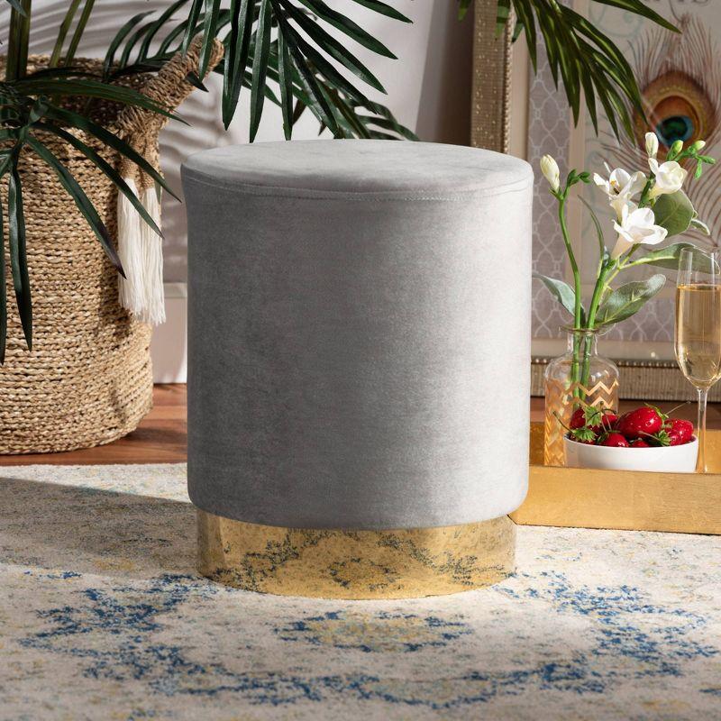 Chaela Gray Velvet and Gold Round Ottoman