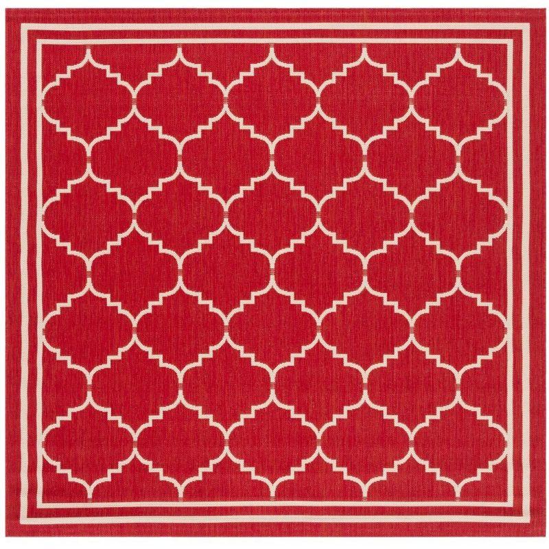 Red & Beige Square Synthetic Easy-Care Indoor/Outdoor Rug