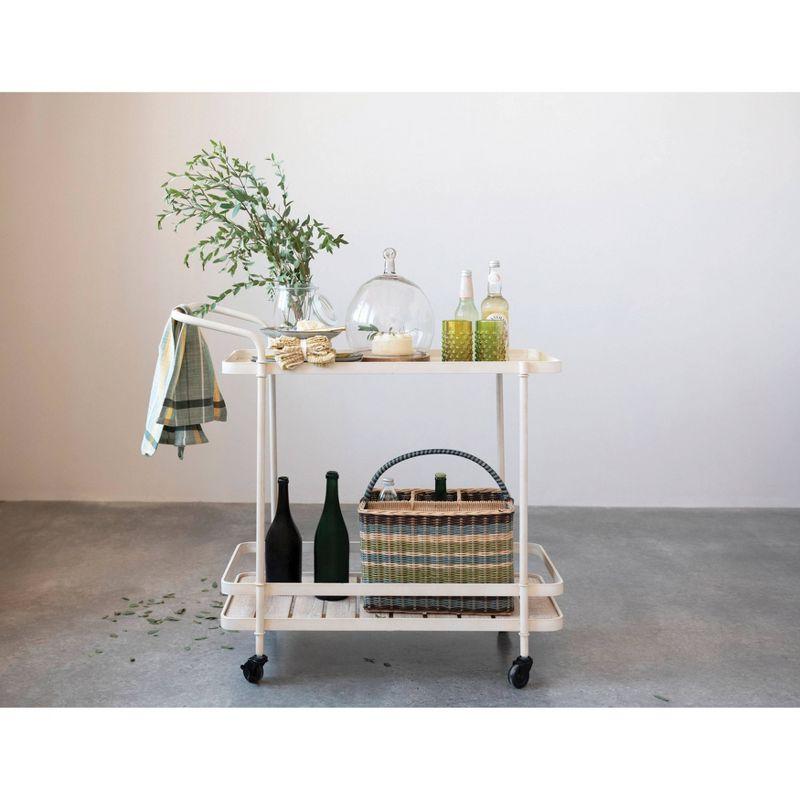 Cream Metal and Fir Wood 2-Tier Bar Cart with Wheels