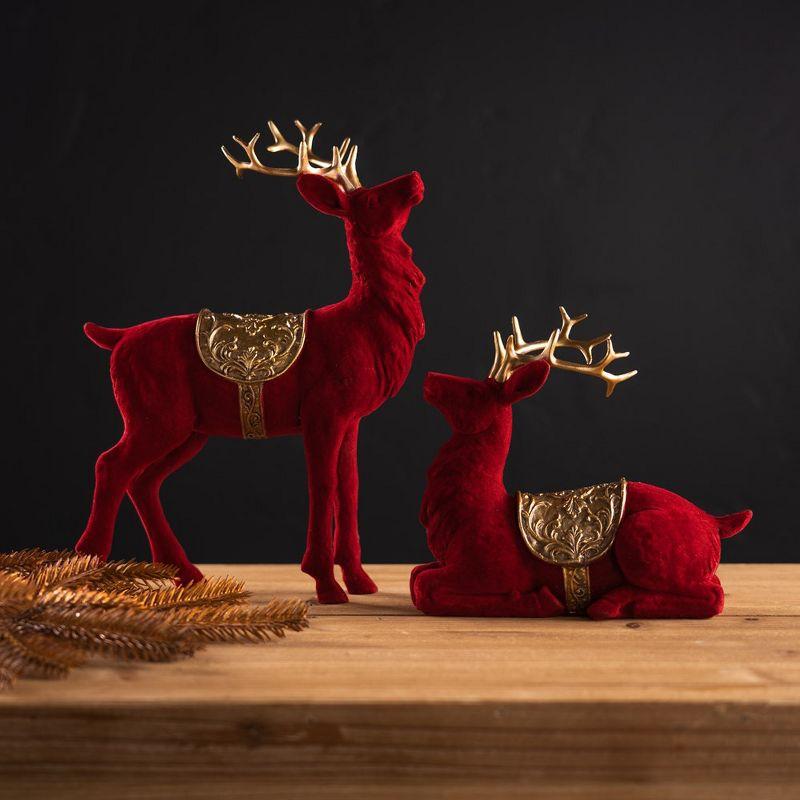 Red and Gold Flocked Resin Deer Figurines Set