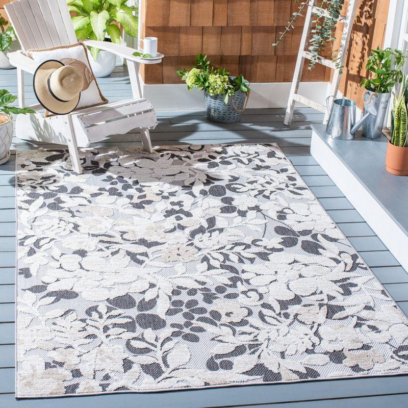 Ivory and Charcoal Floral Synthetic Indoor/Outdoor Rug