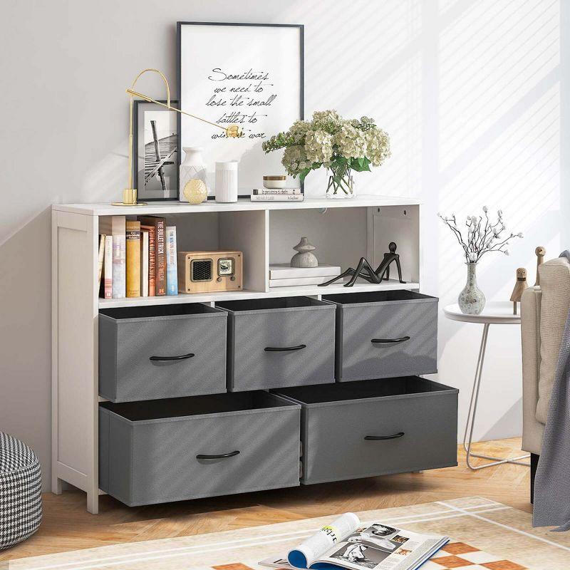 White and Gray 5-Drawer Dresser with Fabric Bins