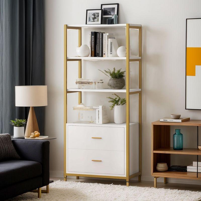 Tribesigns 4-Tier Bookshelf with 2 Drawers White/Gold